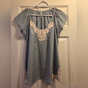 Trinity, Blue Top With Cream Lace, Size Large